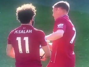 Mo Salah and James Milner before Cardiff penalty