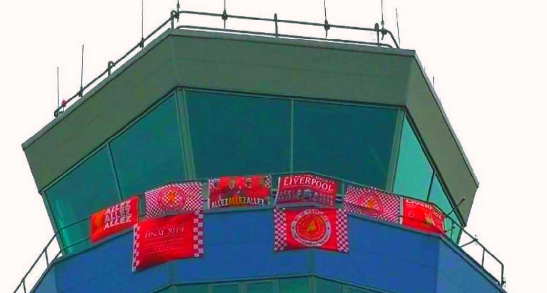 John Lennon airport control tower covered in Liverpool flags (1)