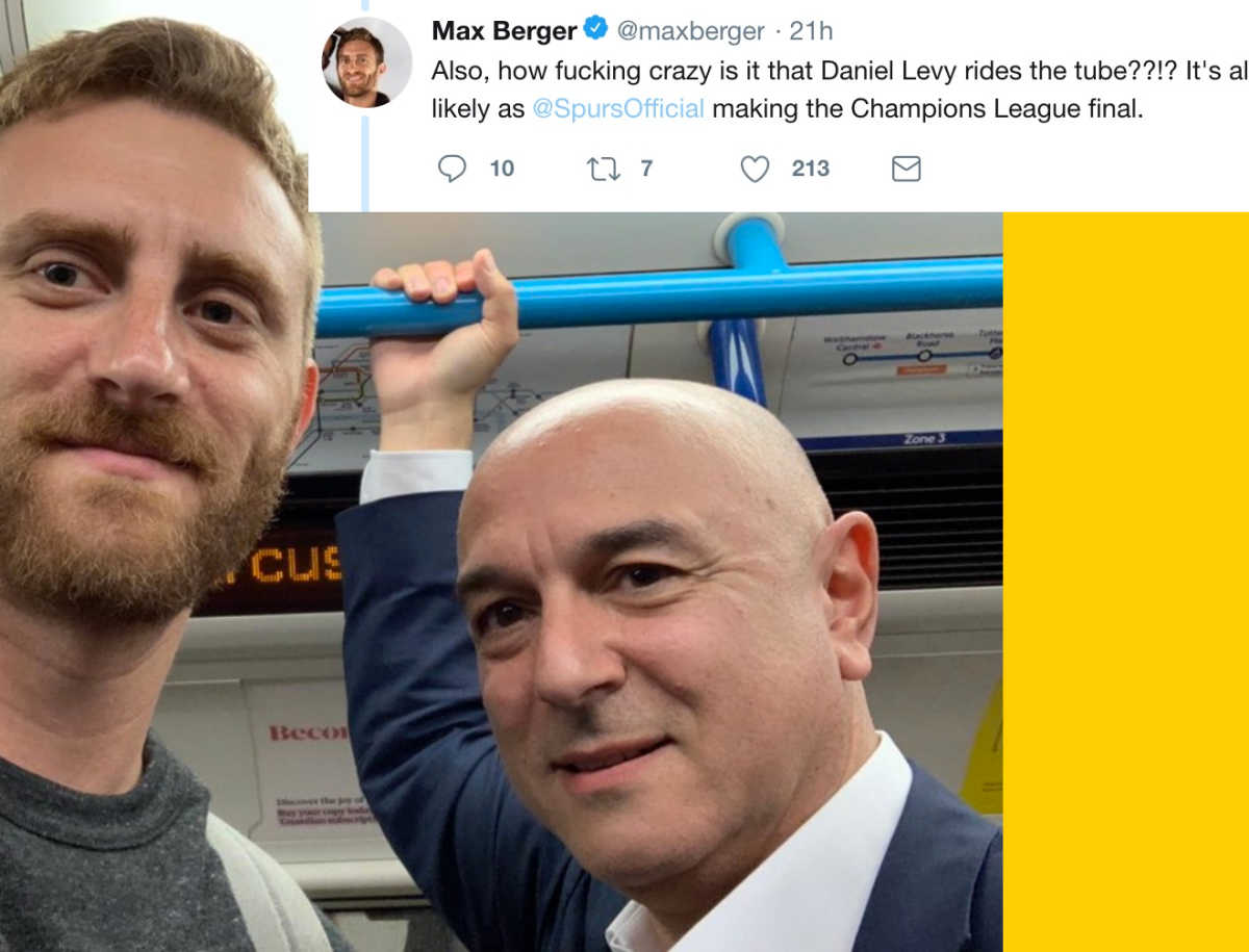 Photo: American Tottenham fan bumps into Daniel Levy while riding the Tube, grabs a selfie