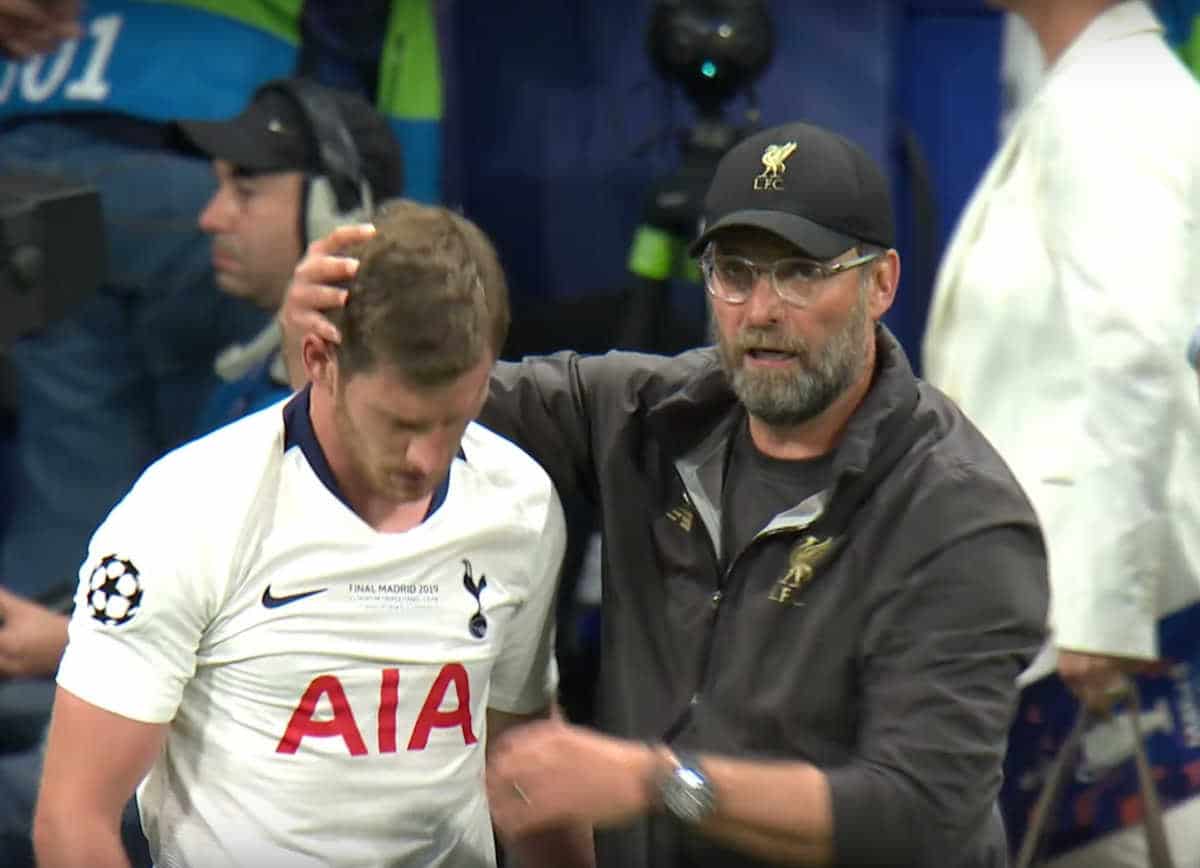 (Video) Fair play to Jurgen Klopp for going to Jan Vertonghen before his Liverpool players after the final whistle in Madrid
