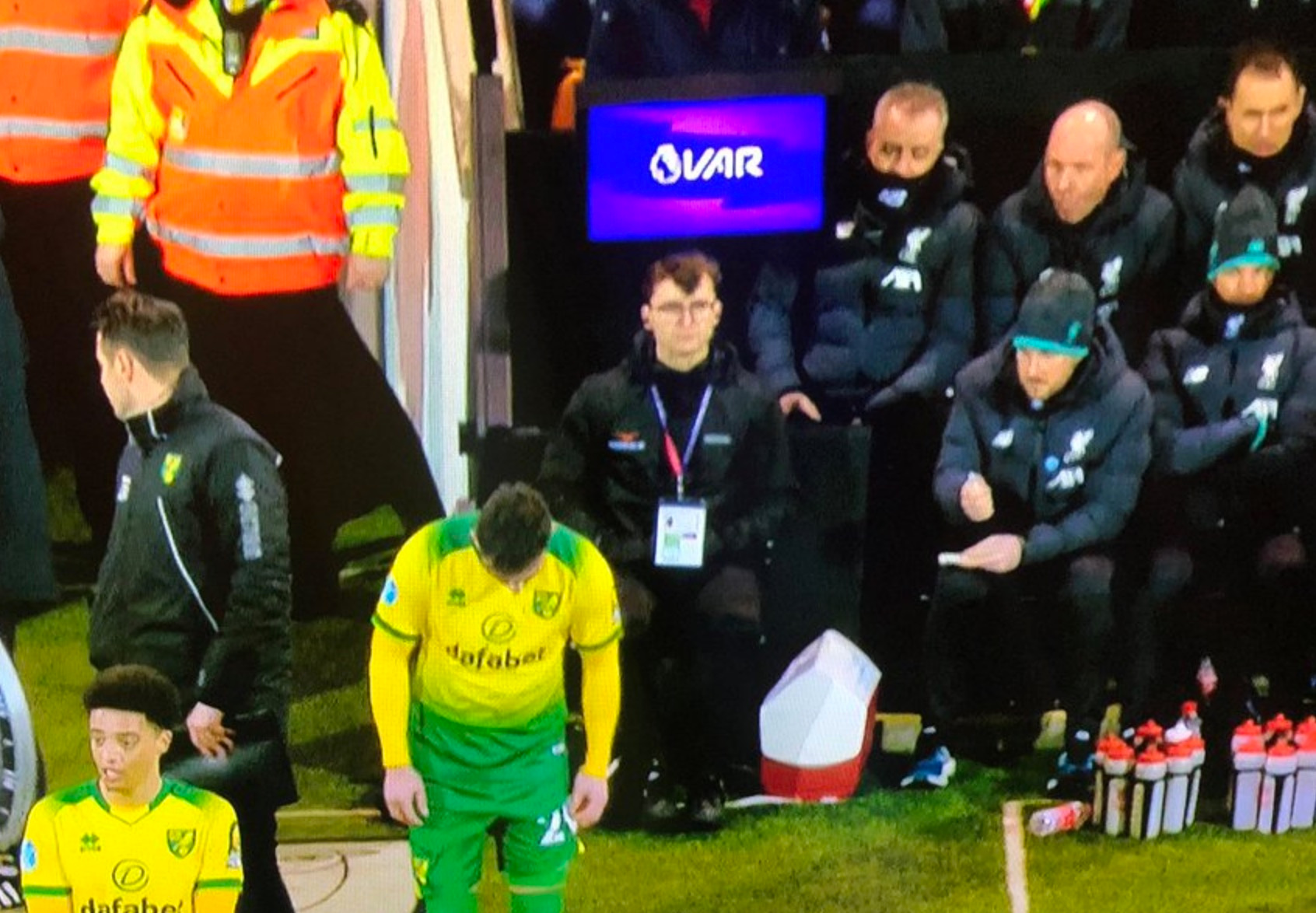 Football fans react as VAR monitor appears on Liverpool bench during Norwich win