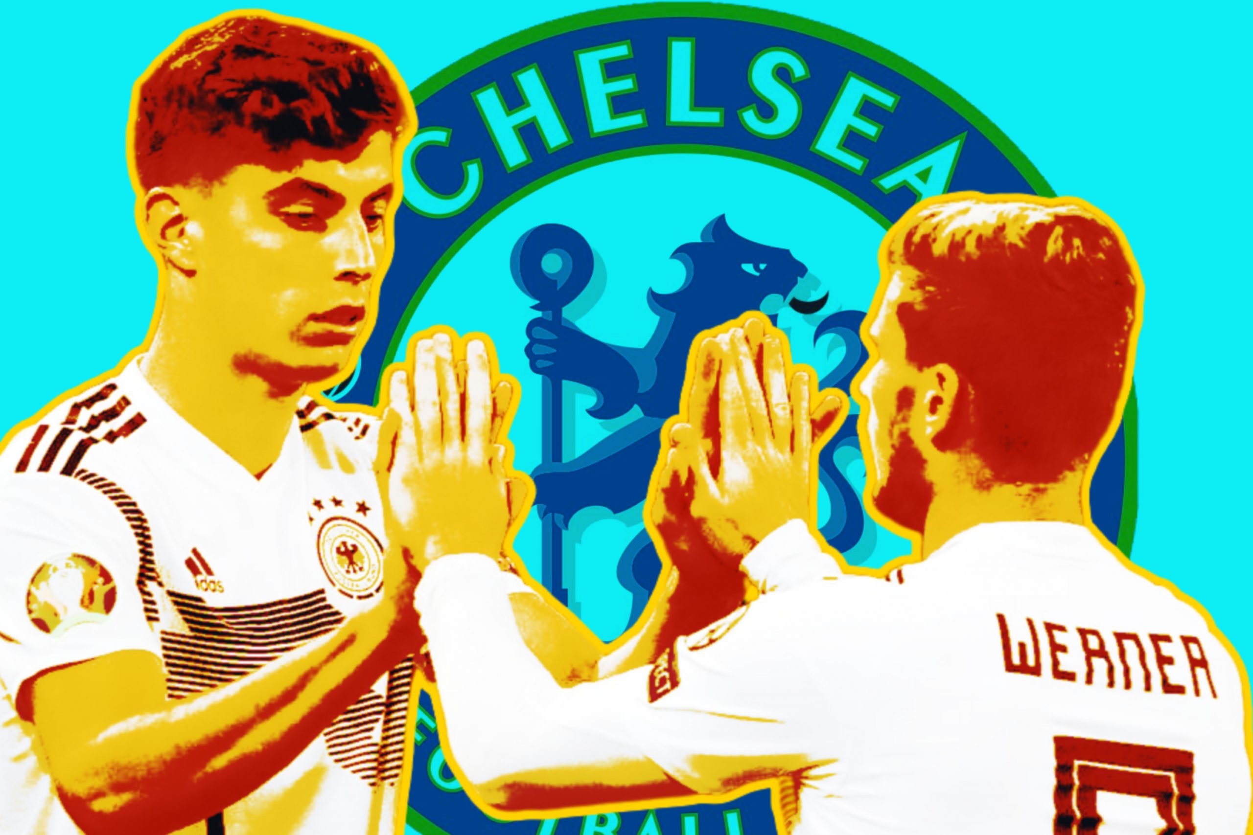 Kai Havertz and Timo Werner in front of Chelsea logo