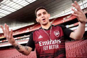 Lucas Torreira in new Arsenal pre-match shirt for 20_21 season from Adidas
