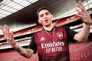 Lucas Torreira in new Arsenal pre-match shirt for 20_21 season from Adidas