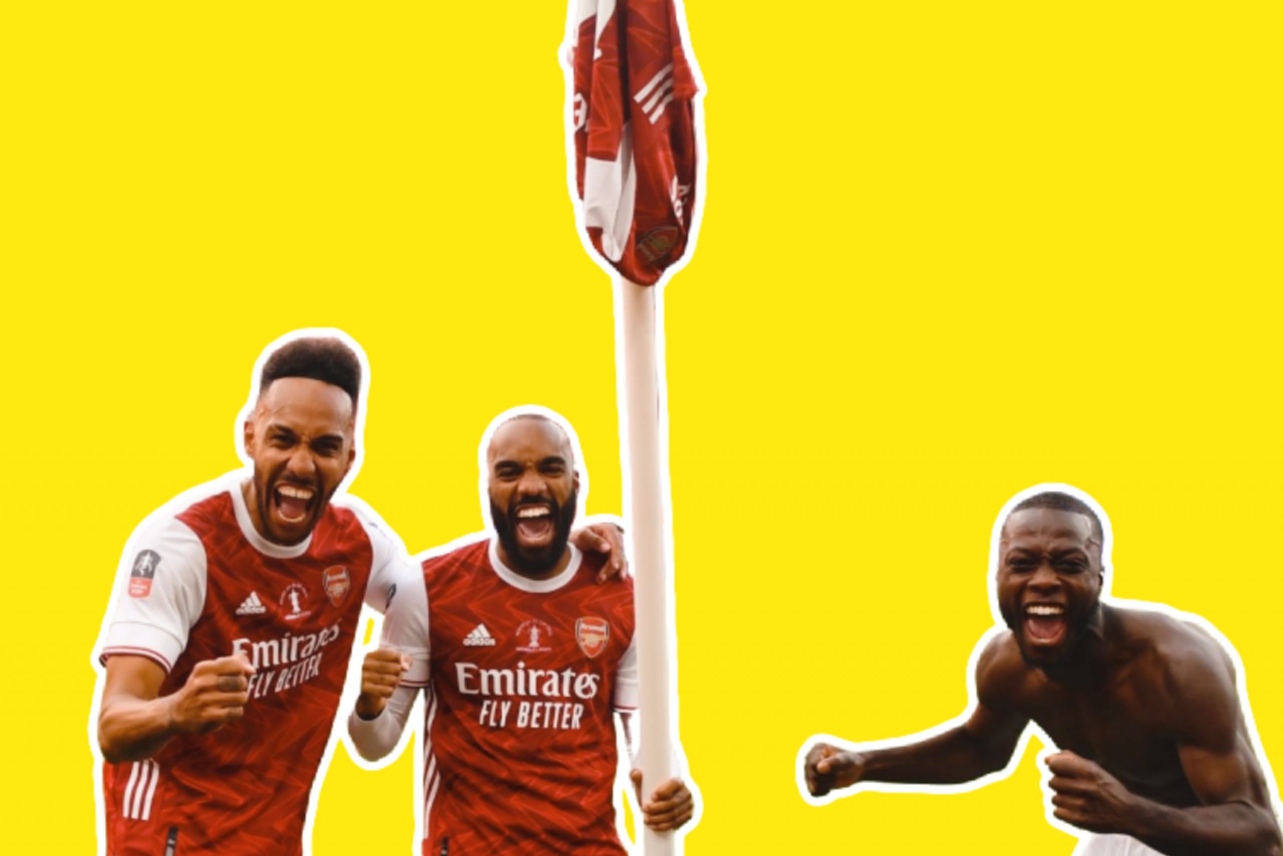 Aubameyang, Lacazette and Nicolas Pep celebrate with a corner flag after winning the FA Cup final against Chelsea