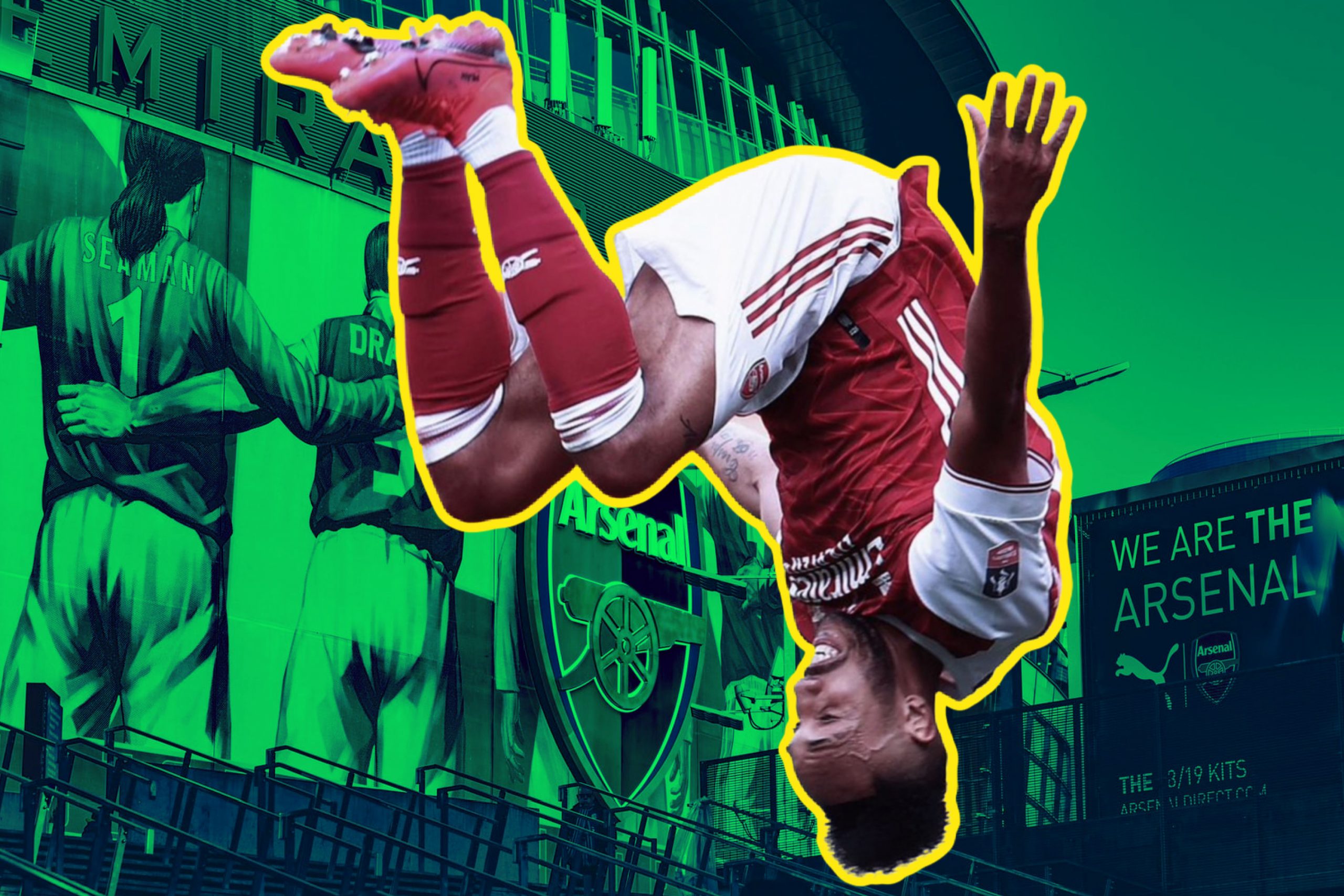Aubameyang celebrating a goal by going upside down