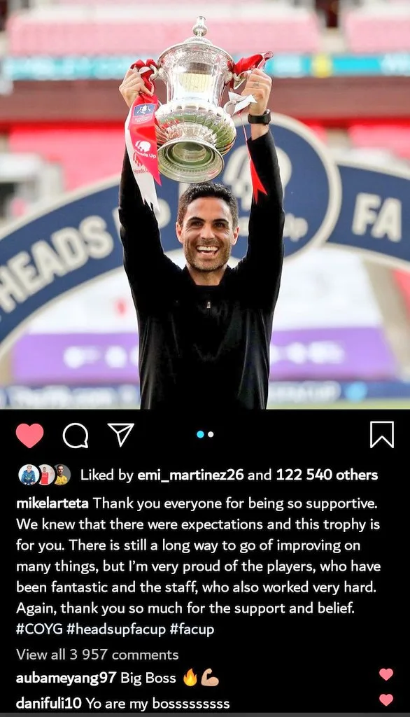 Pierre-Emerick Aubameyang & Dani Ceballos both comment on Mikel Arteta’s latest Instagram post
