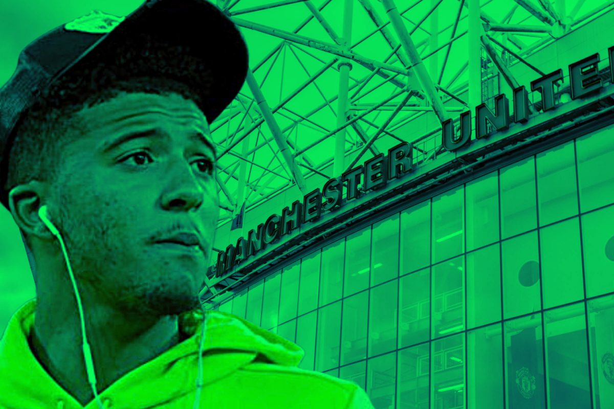 Jadon Sancho with Old Trafford in the background