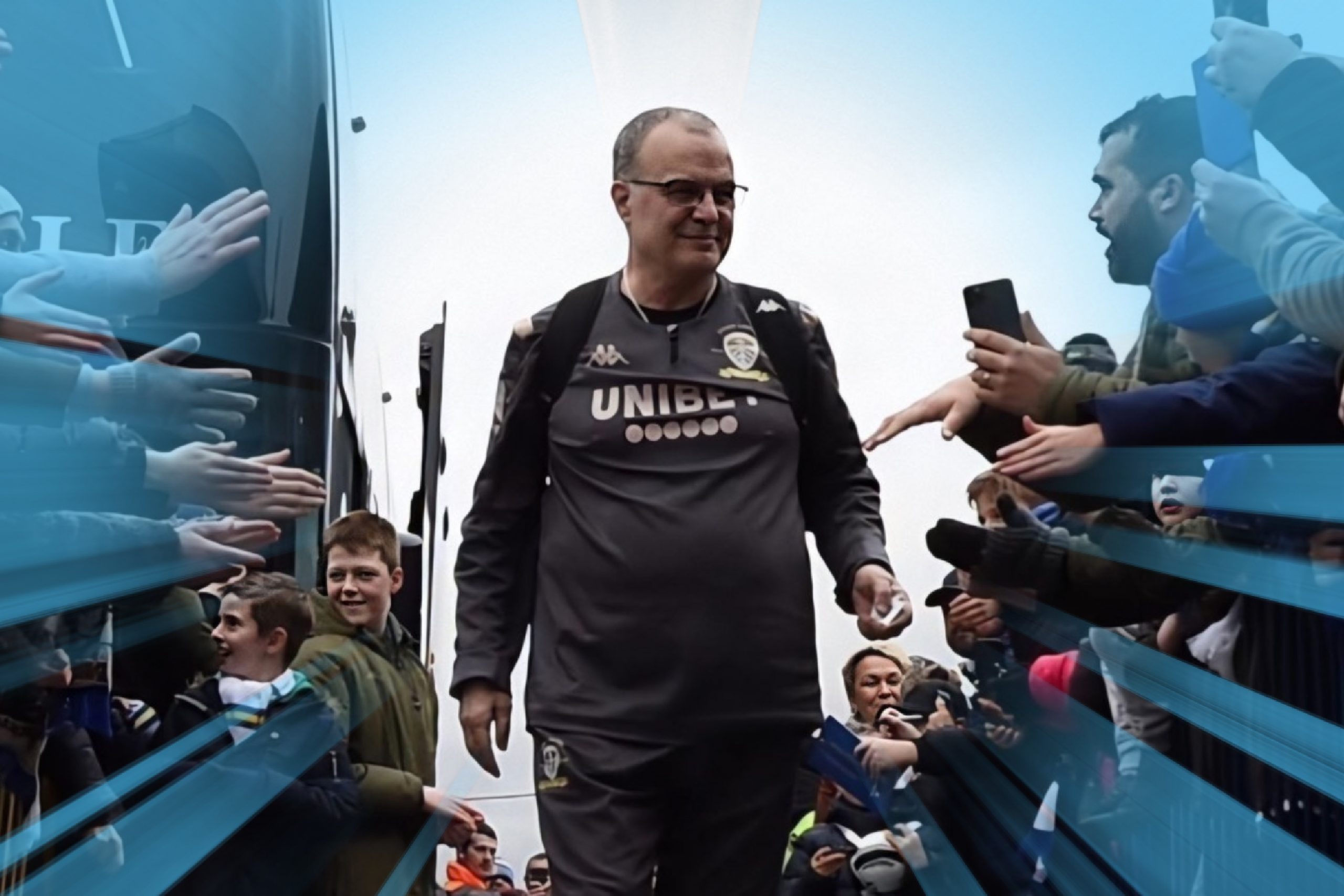 Marcelo Bielsa surrounded by Leeds United fans