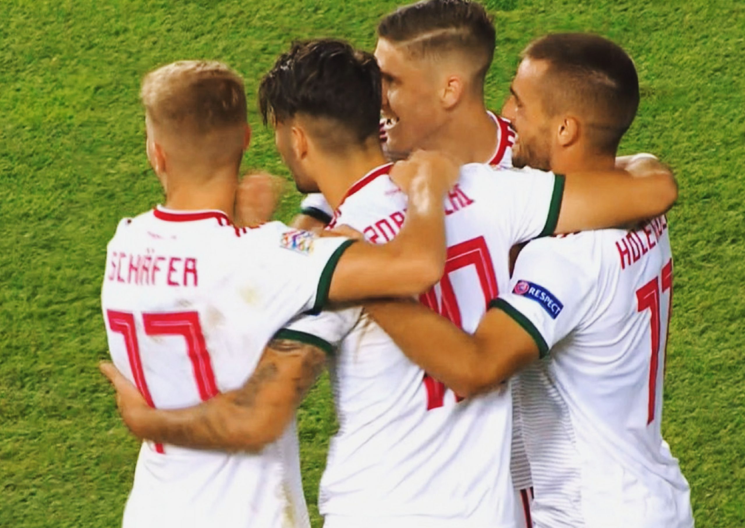 Hungary players celebrate after Dominik Szoboszlai scores a stunning free kick against Turkey