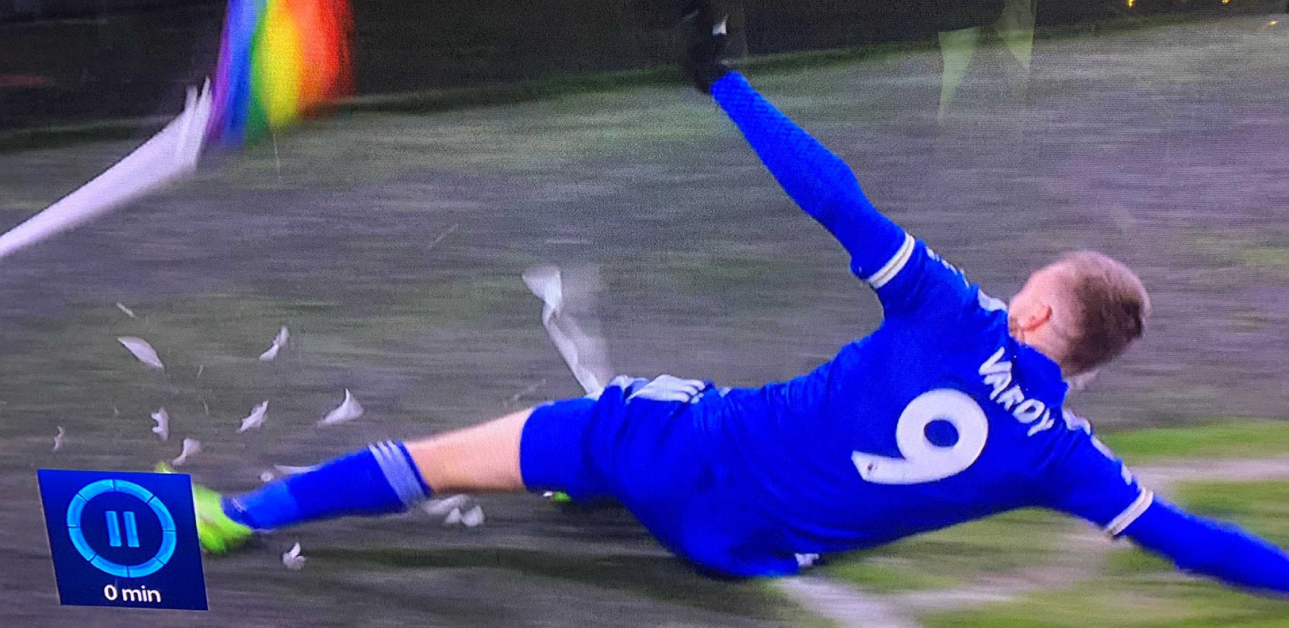 Jamie Vardy destroys the corner flag after scoring the winner v Sheffield United