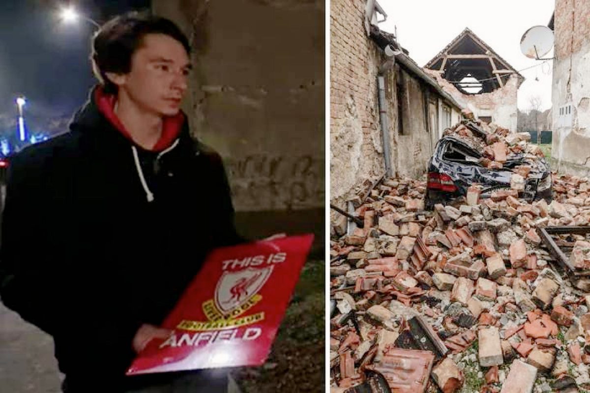 Bruno Lončarević holding the Liverpool poster he took from his destroyed home