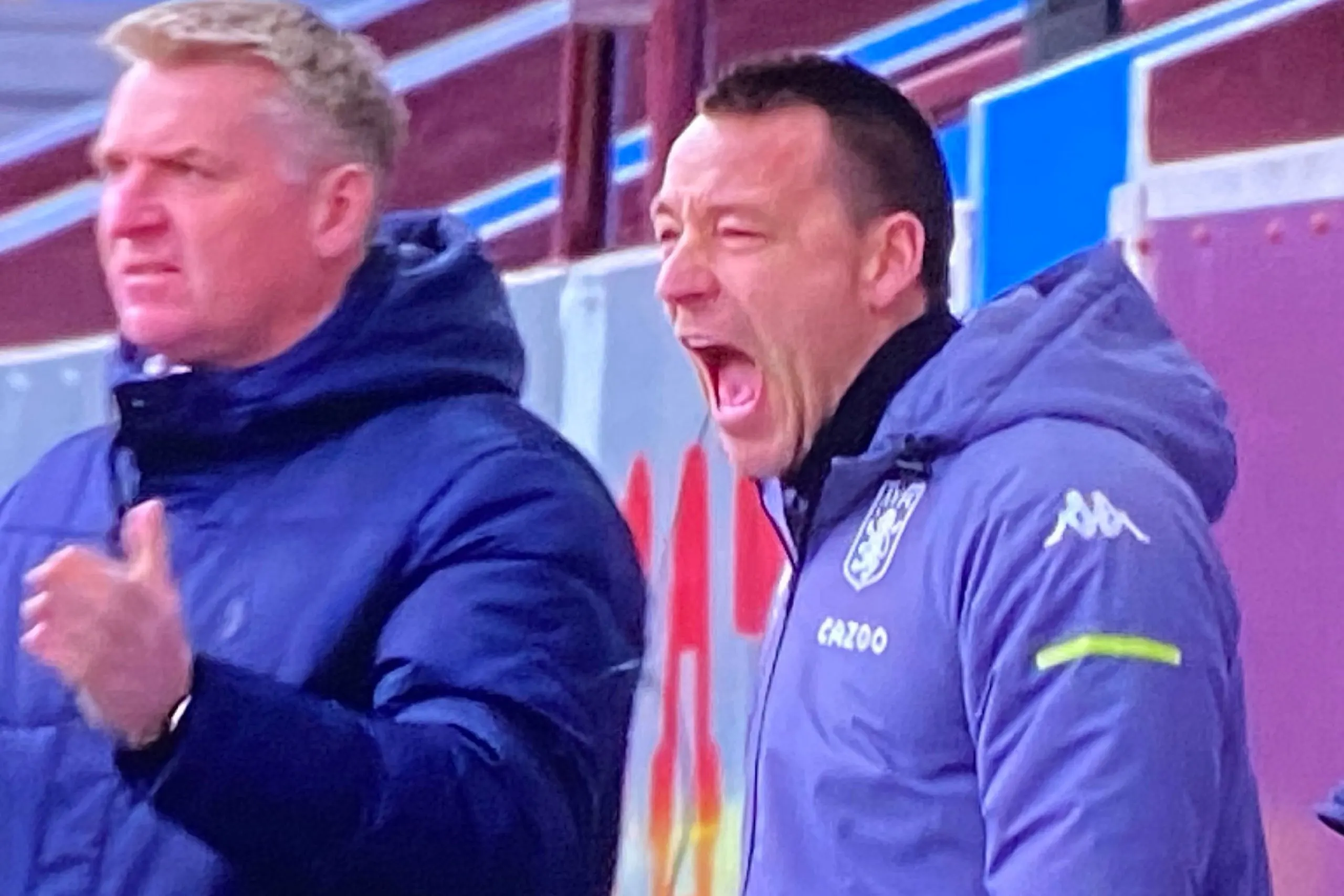 Dean Smith and John Terry after Aston Villa score a goal against Arsenal