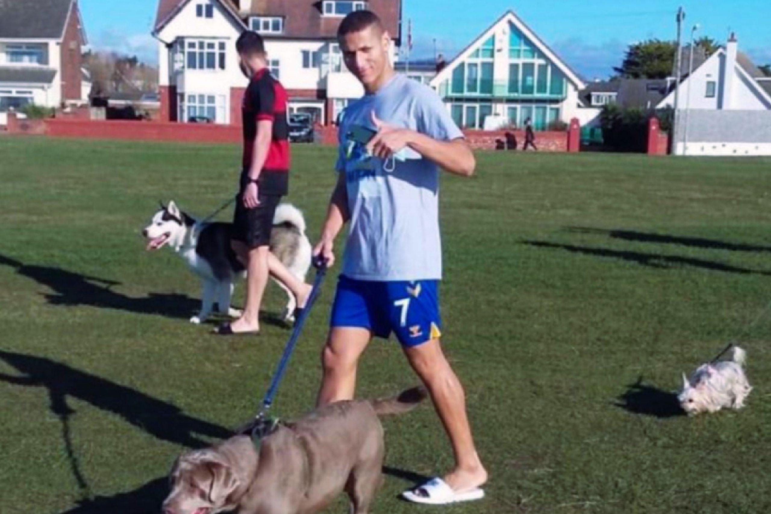 Richarlison walking his dog in Everton shorts