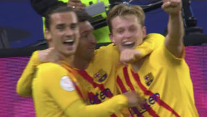 Barcelona players celebrate scoring a goal against Athletic Bilbao