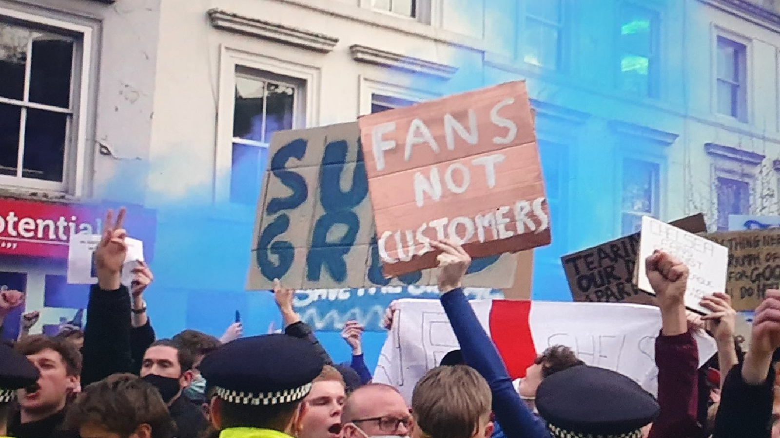 Chelsea fans protest against Super League outside Stamford Bridge
