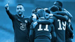 Hakim Ziyech and Chelsea players celebrate scoring a goal against Manchester City