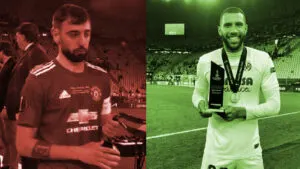 Bruno Fernandes taking runners up medal as Etienne Capoue shows off winners medal