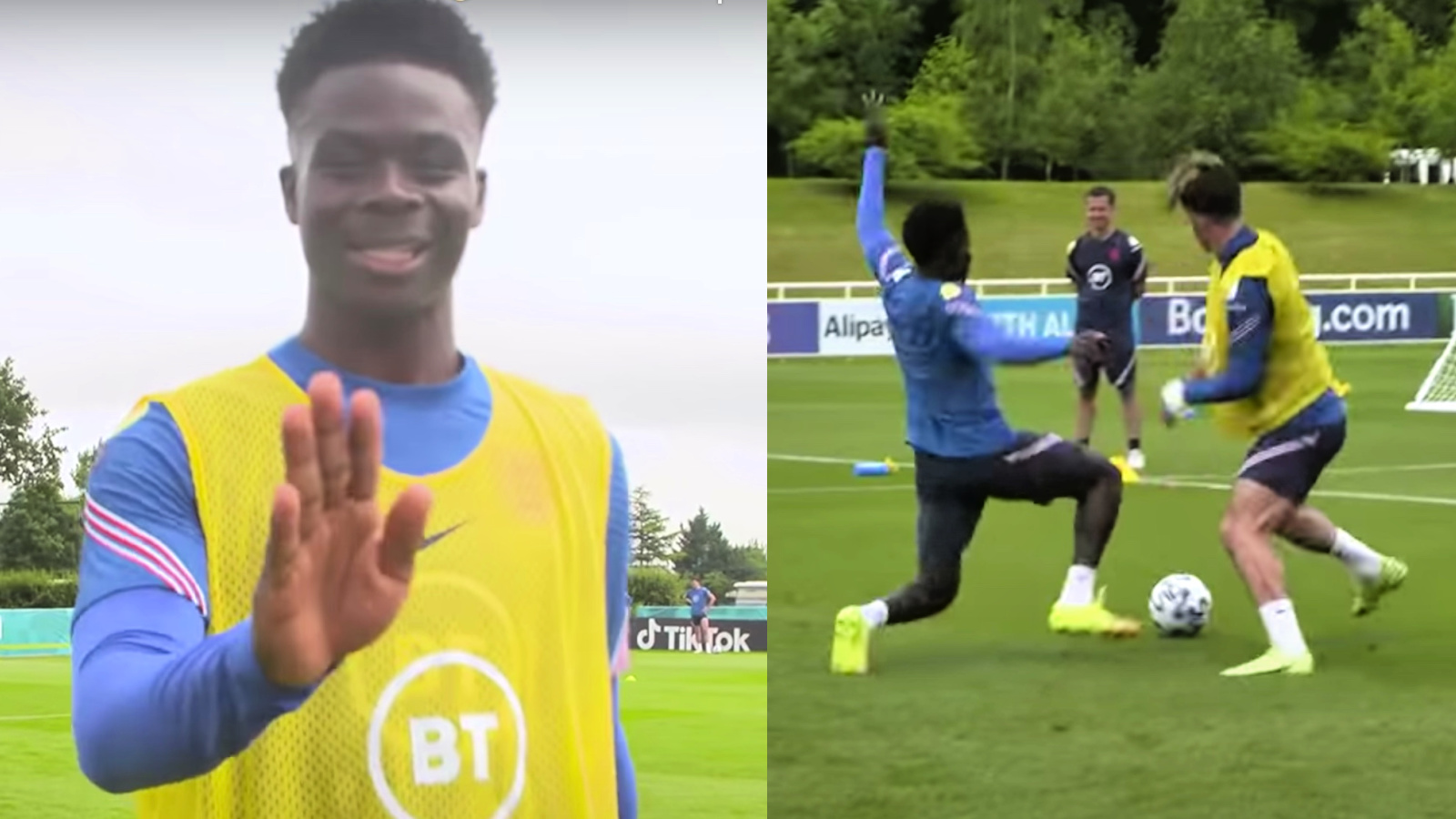 Bukayo Saka showed he can defend as good as he can attack as he stopped Jack Grealish in his path in England training