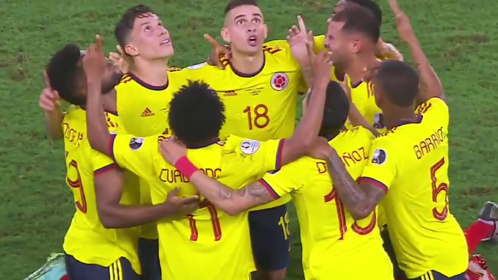 Colombia players reven in each other's company after scoring a phenomenal team goal against Ecuador