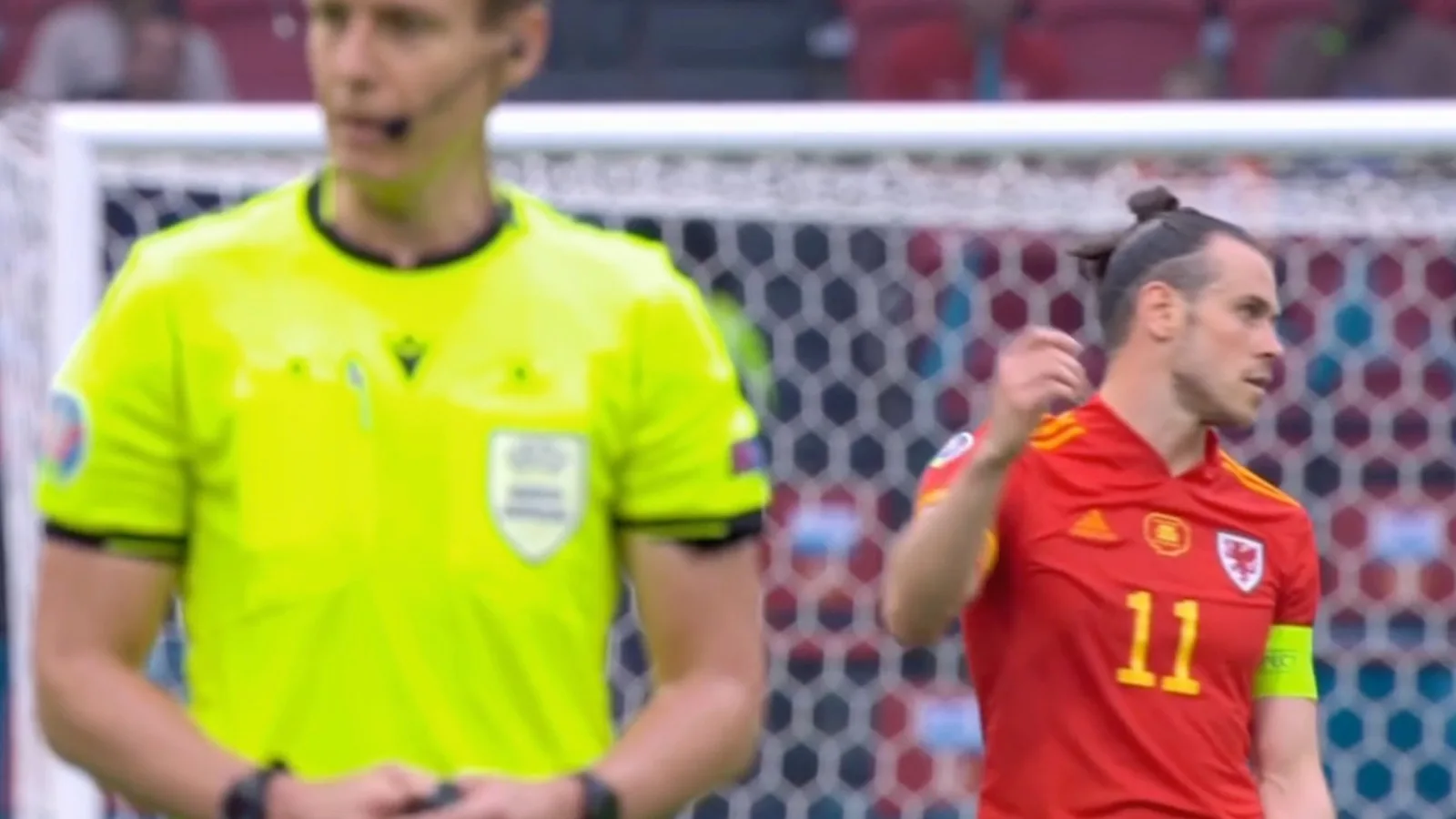 Gareth Bale shutting his eyes to the referee during the dying minutes of Wales v Denmark