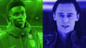 Pictures of Bukayo Saka and Marvel character Loki side-by-side