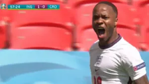 Raheem Sterling celebrates buoyantly after scoring a goal against Croatia