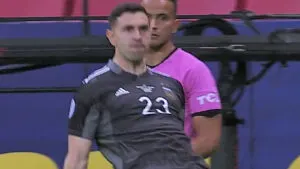 Emi Martinez doing a hip thrust celebration after saving a penalty against Colombia