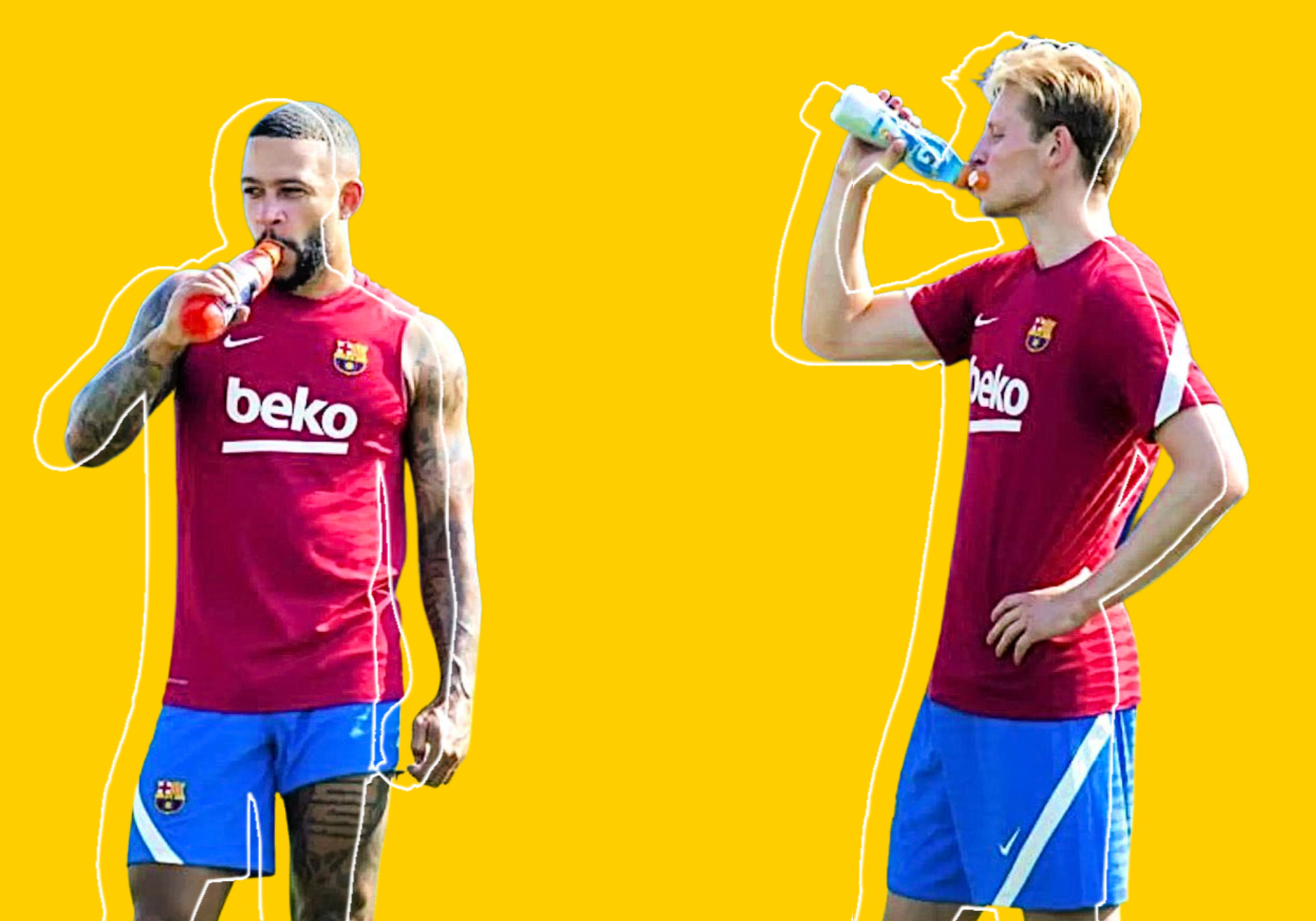 Memphis Depay and Frenkie De Jong taking a breather during Barcelona training