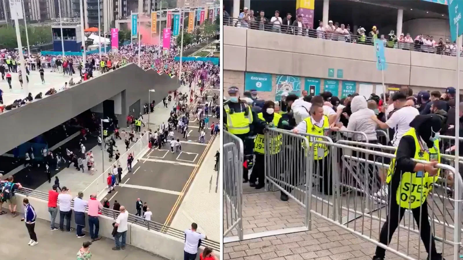 Security unable to stop the England fans without tickets storming the ticket entrances at Wembley