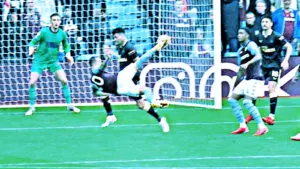 Danny Ings puts Aston Villa ahead with a stirring overhead kick goal v Newcastle United
