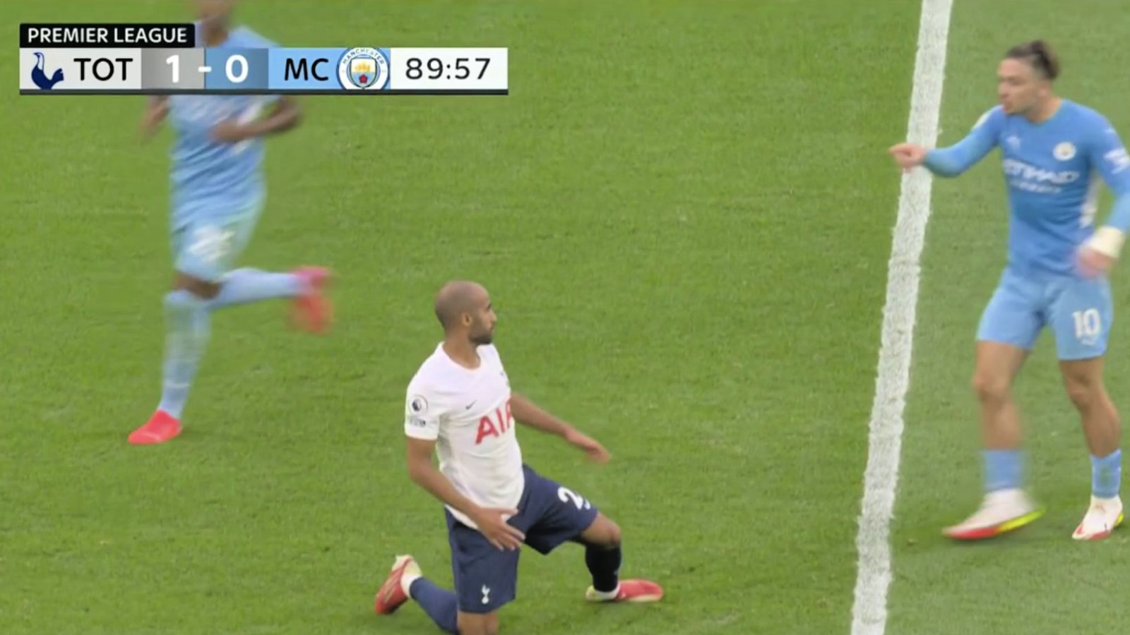 Debutant Jack Grealish accusing Lucas Moura of diving during Spurs' 1-0 win over Manchester City