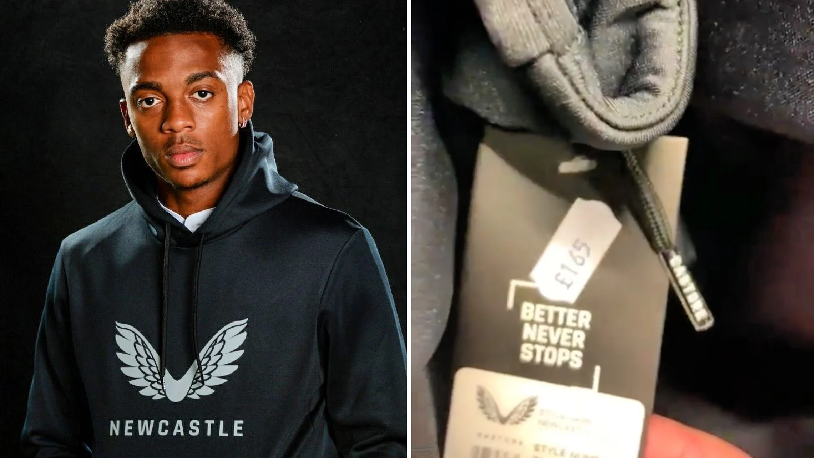 Garcia hoodie priced at £165 as Newcastle United new signing Joe Willock models the new merchandise from Castore