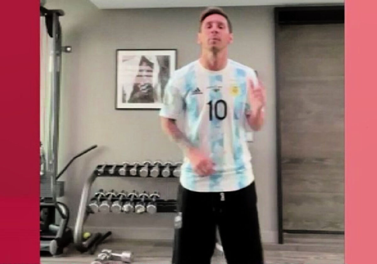 Lionel Messi dancing on TyC Sports in support of the Argentine delegation for the Olympics