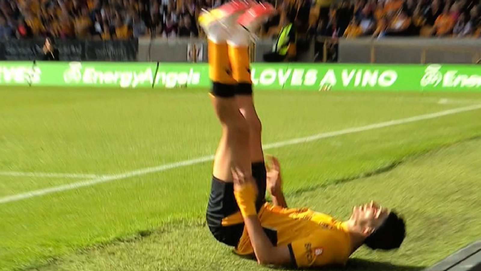 Raul Jimenez on the floor after failing to execute a rabona pass against Brentford