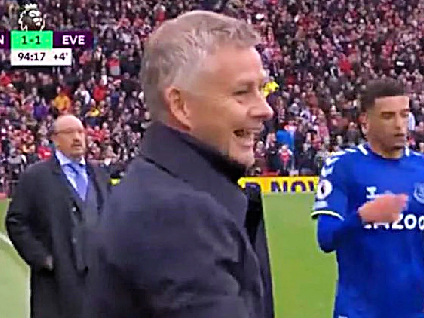 Solskjaer caught smiling in the 94th minute of Everton draw