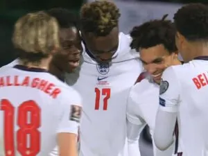 England players celebrate a goal against San Marino