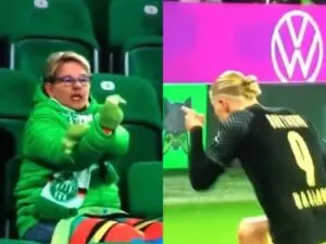 Erling Haaland celebrates in front of a Wolfsburg fan who snaps back