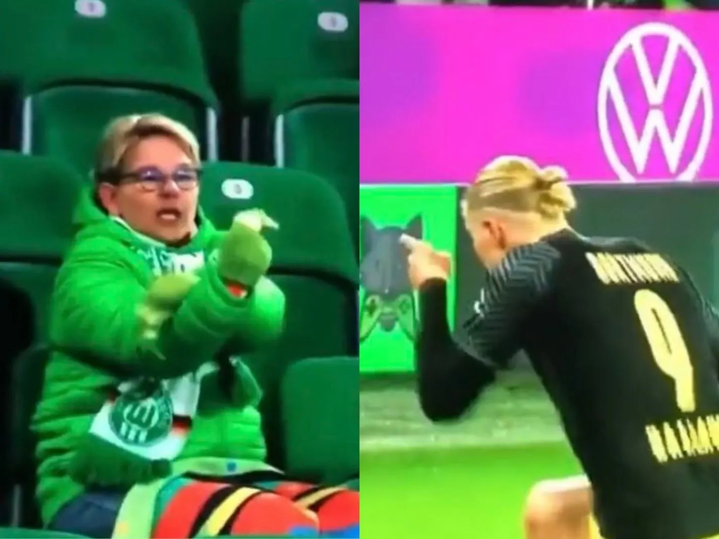 Erling Haaland celebrates in front of a Wolfsburg fan who snaps back
