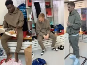 Saka, Ramsdale and Smith Rowe wearing matching outfit