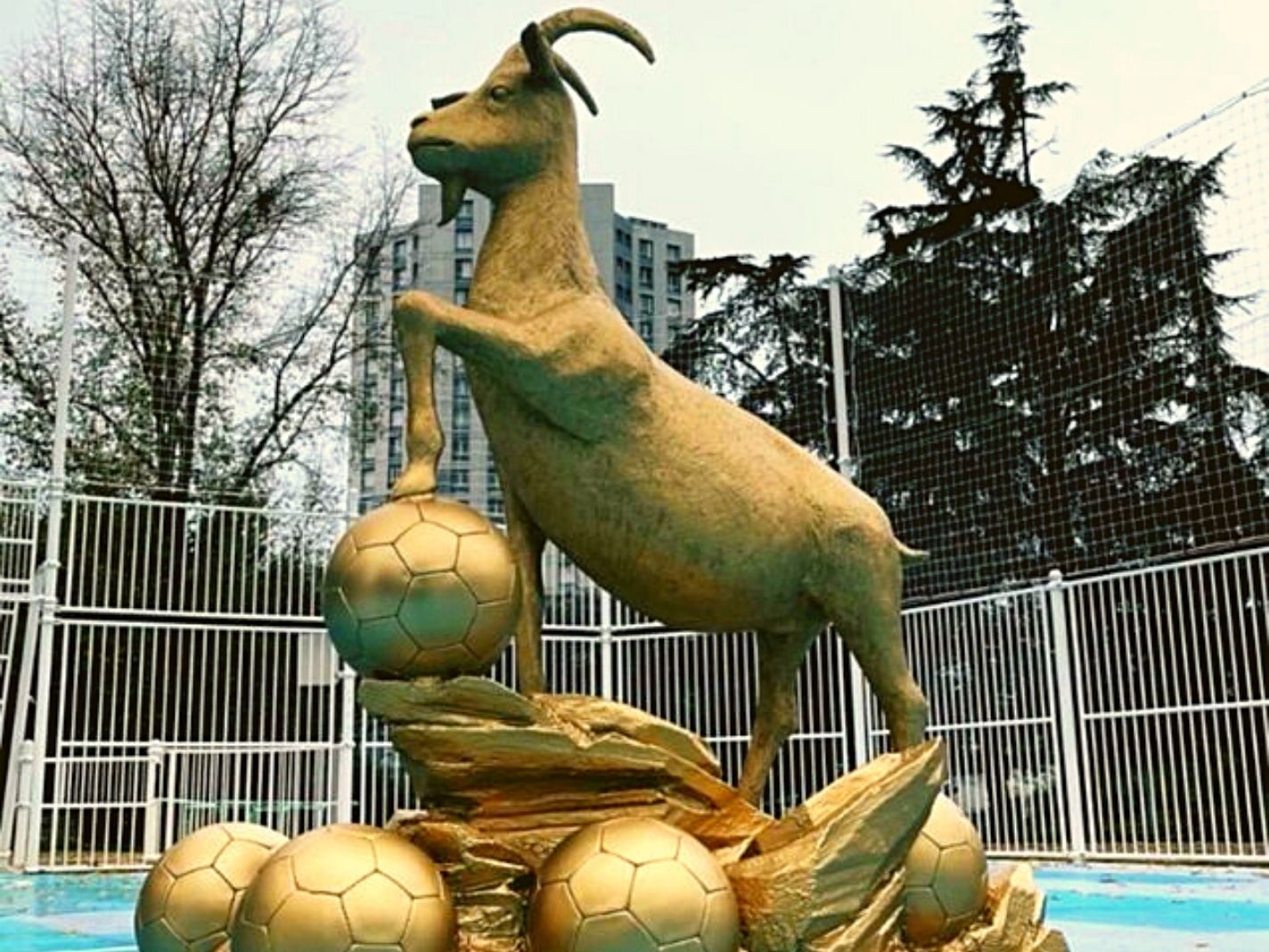 A goat statue placed in front of Eiffel Tower in honour of Lionel Messi winning Ballon d'Or