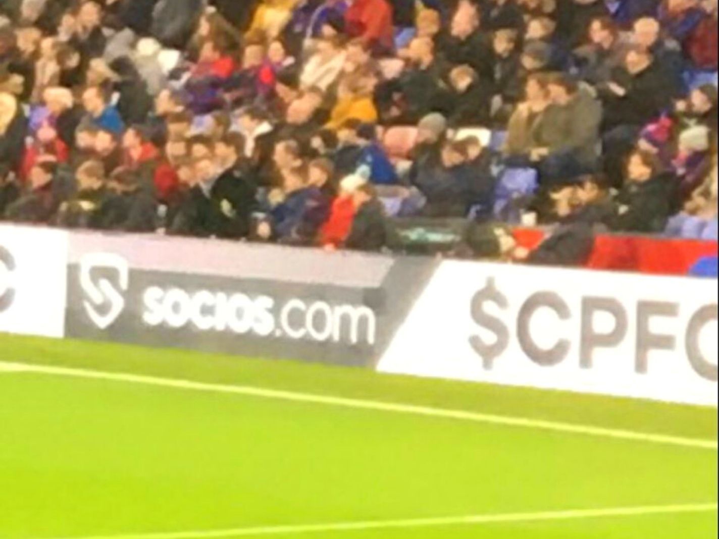 Crystal Palace advertising their partnership with Socios live at Selhurst Park during Everton game