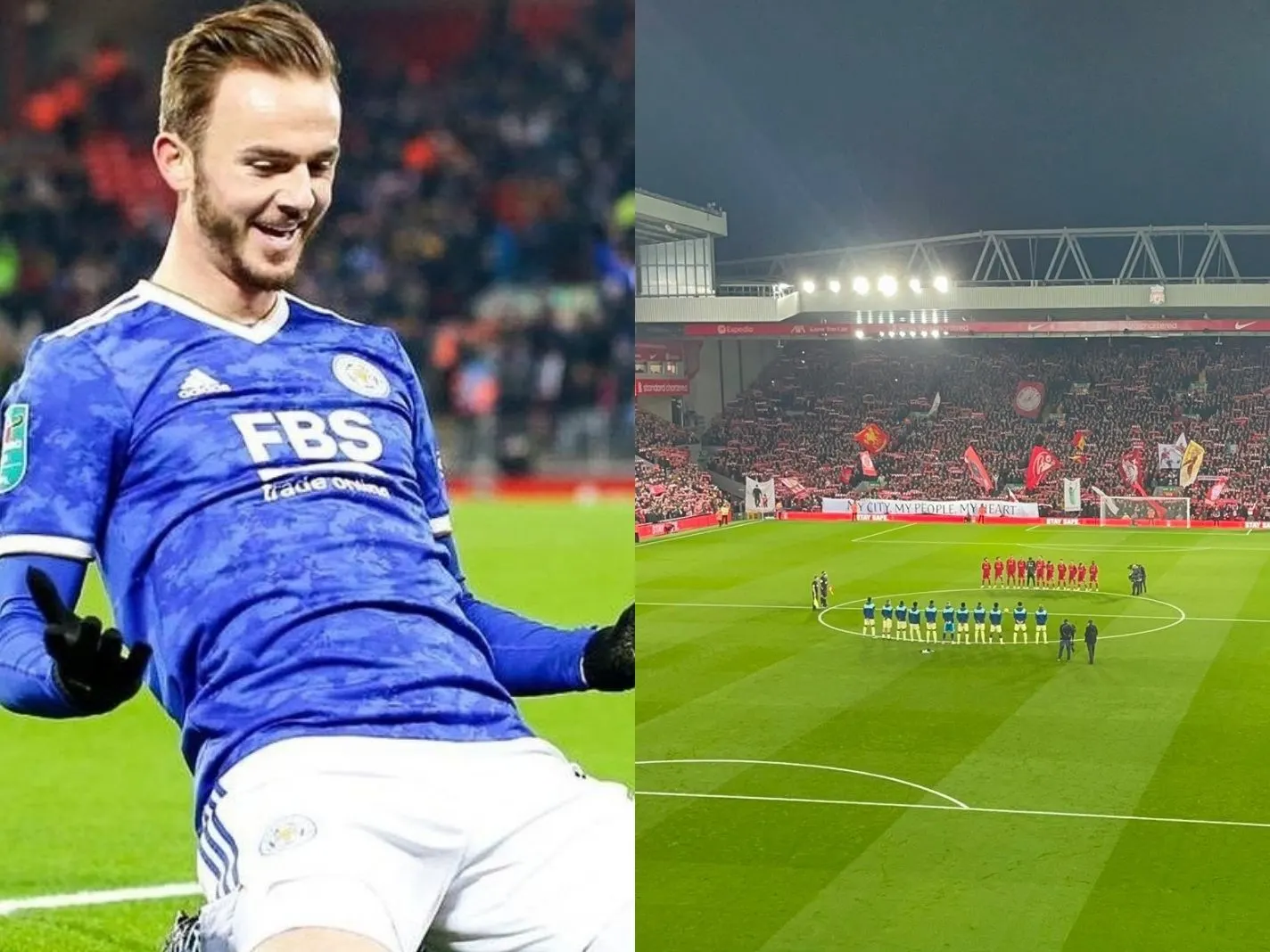 James Maddison celebrates his goal as prem-match photo shows Liverpool and Leicester players before Carabao Cup clash at Anfield
