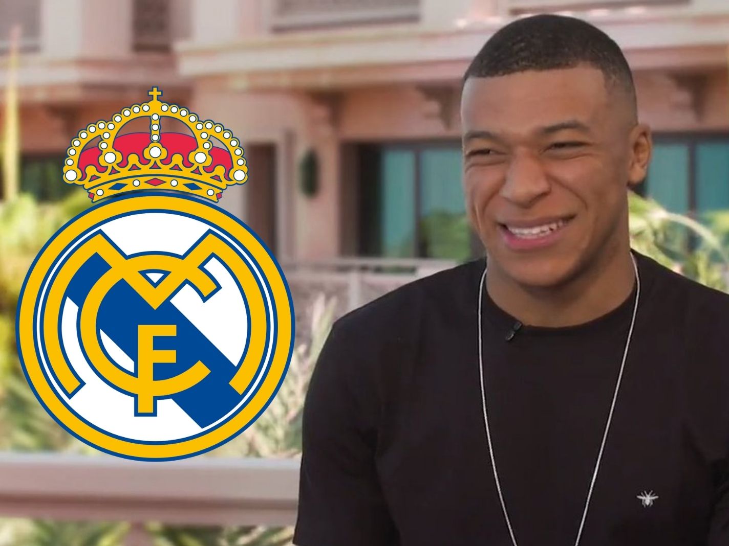 Real Madrid logo and Kylian Mbappe