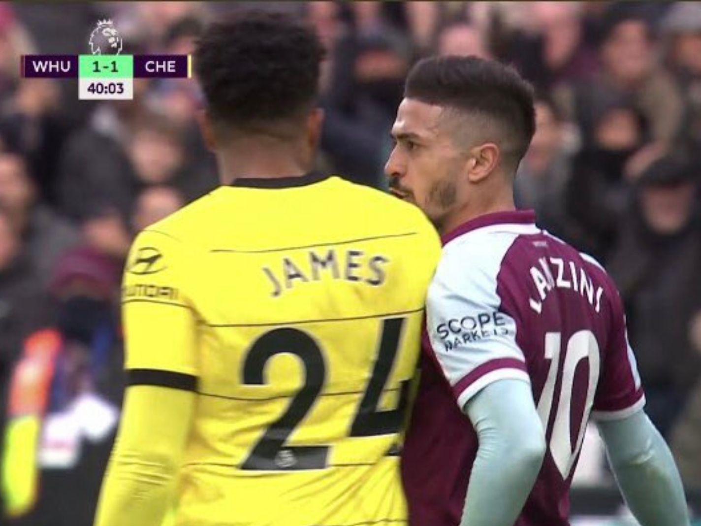 Reece James involved in a heated moment with Manuel Lanzini