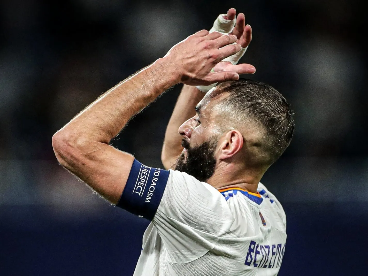 Karim Benzema reacts after missing his first penalty for Real Madrid