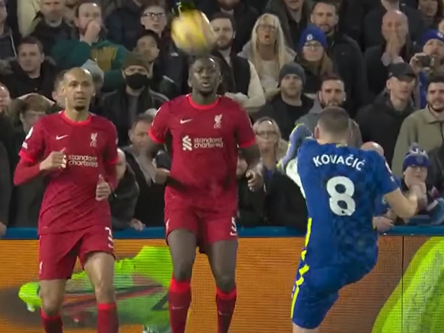 Mateo Kovacic in his stride as Fabinho and Konate look on
