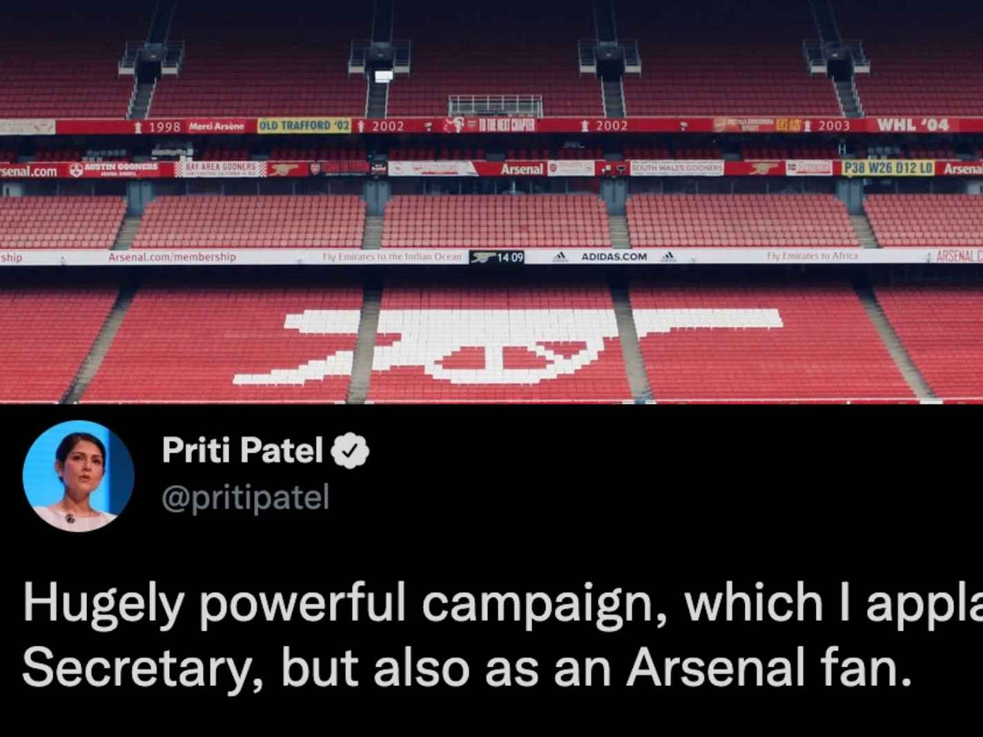 Twitter reacts to Priti Patel announcing herself as an Arsenal fan