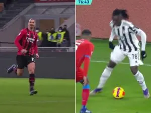 Zlatan Ibrahimovic and Moise Kean during their respective Serie A matches
