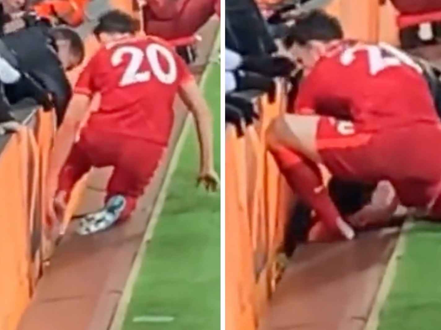 Anxiety-inducing moment Diogo Jota gets foot trapped in advertising board